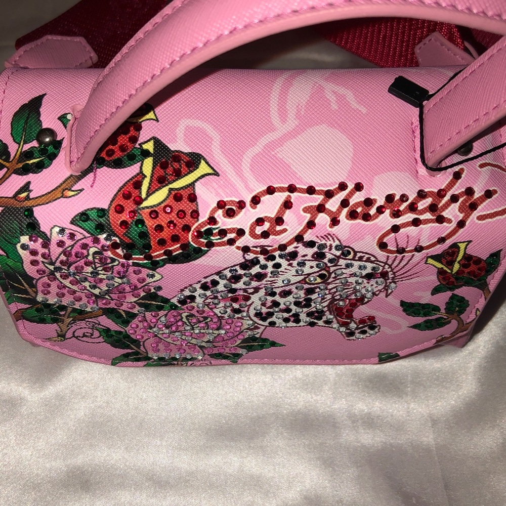Ed Hardy Pink Multi Faux Leather Top Handle Crossbody Bag Leopard & Floral NWT - Picture 11 of 16